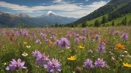 Obraz premium A field of vibrant wildflowers with a mountain in the background