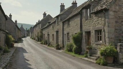 A quiet street in a village lined with old stone cottages