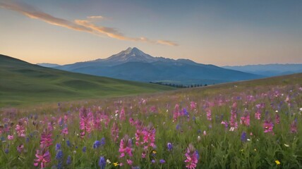 Obraz premium A field of vibrant wildflowers with a mountain in the background