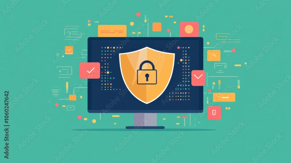 Poster The display features a shield and lock icon, representing robust internet security while users engage in online tasks. Generative AI