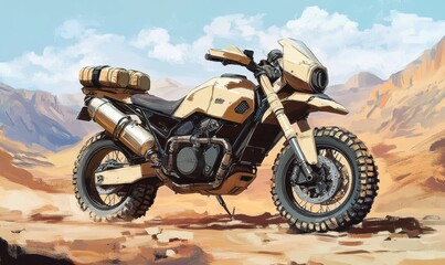 Off-road motorcycle in desert landscape.