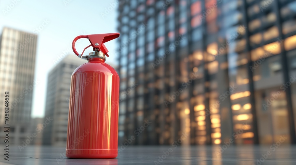Poster a bright red fire extinguisher stands prominently in the foreground against the backdrop of a buildi