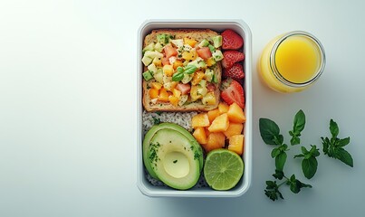 Colorful meal prep box with toast, fruits, and juice for a healthy lifestyle.