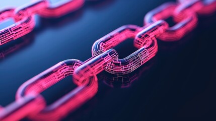 A stylized digital chain link glowing in pink against a dark background, representing security and interconnectedness in technology.