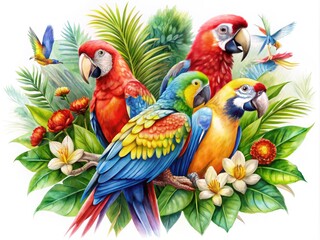 Exotic Tropical Birds Watercolor Illustration Set - Vibrant Parrots on Isolated White Background for Fashion Photography and Design Inspiration