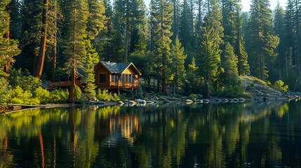 Fototapeta premium A tranquil lakeside cabin nestled among towering pine trees, with a serene reflection on the still water.