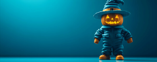 Fototapeta premium 3D Rendered Illustration of a Pumpkin Wearing a Blue Jumpsuit and Hat on a Teal Background