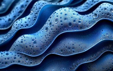 A close-up view of textured blue waves with droplets, evoking a sense of fluidity.