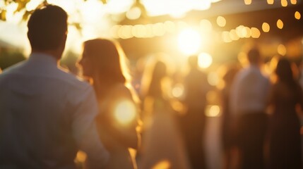A blurred silhouette of a couple enjoying a sunset gathering, with a group of friends in the background.