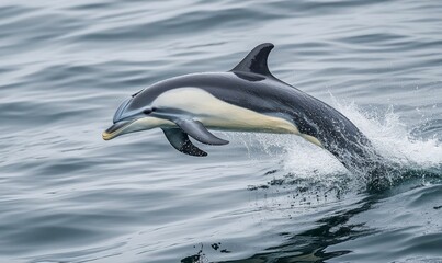 Obraz premium A black and white dolphin leaping from the ocean.