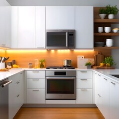 Modern kitchen with sleek appliances and warm lighting