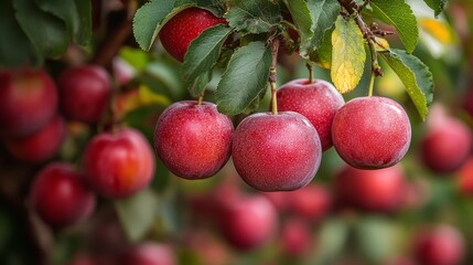 Obraz premium Ripe Red Plums on Branch with Green Leaves