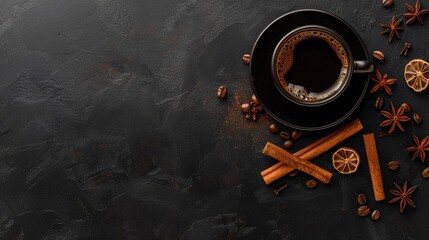 Black coffee with cinnamon on black surface for adding text