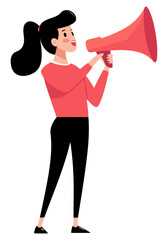 Girl Speaking into a Megaphone, Amplifying Her Voice with Enthusiasm, Dynamic Illustration - Flat Vector Illustration