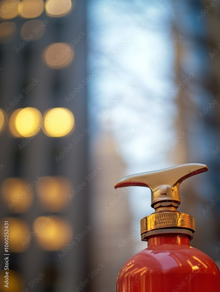 Poster a vivid fire extinguisher captures attention with a softly blurred backdrop of an urban building and