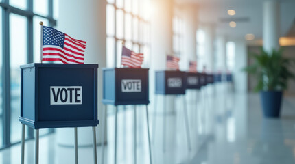 American election voting booths with flags in bright sunlit hallway - democracy concept