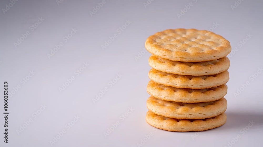 Poster a delightful stack of whole-grain crackers arranged neatly against a pristine white background evoki