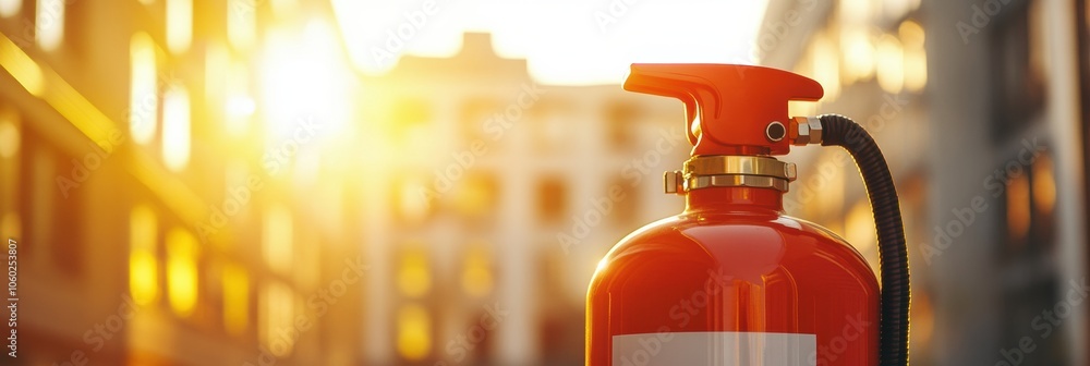 Poster A vivid fire extinguisher is positioned in the foreground, with a building softly blurred in the background during sunset. Generative AI