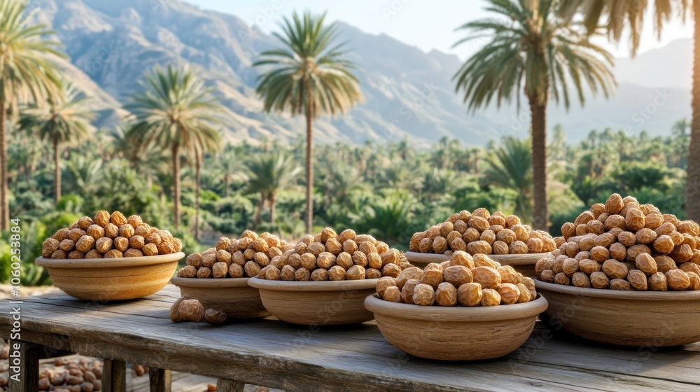 Poster bowls of dates on a wooden table in an oasis with palm trees and mountains in the background.