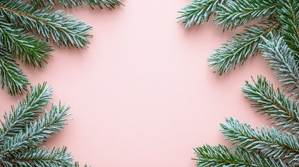 Festive fir branches frame on pastel background