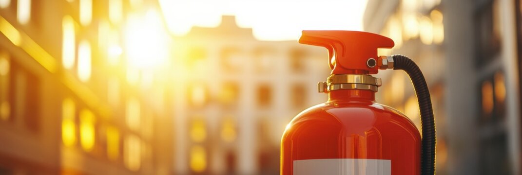 A vivid fire extinguisher is positioned in the foreground, with a building softly blurred in the background during sunset. Generative AI