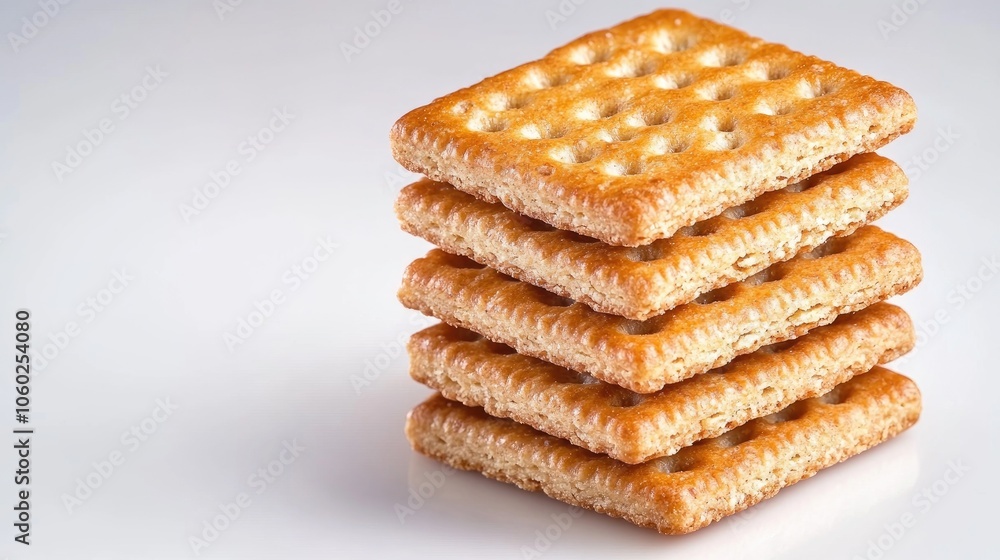 Poster a delightful stack of whole-grain crackers beautifully arranged on a clean white background in a min