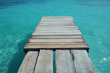 Fototapeta premium Tranquil Dive Spot Crystal Clear Waters and a Wooden Dock Leading to Underwater Paradise, Perfect for Scuba Diving or Snorkeling