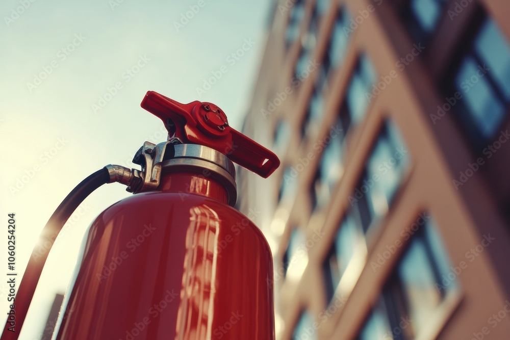 Poster a bright red fire extinguisher is positioned prominently in the foreground, with a modern building s