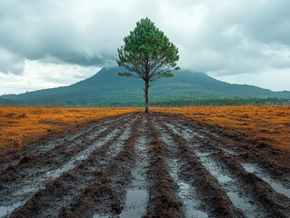 Lone Pine Tree in Plowed Field with Mountain Landscape and Cloudy Sky