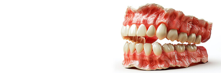 Jaw old vintage with teeth, prosthetics dental medical exhibit, isolate white background.