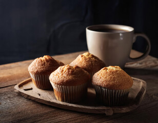 magdalenas reci&eacute;n horneadas en una bandeja de madera con una taza de caf&eacute; detr&aacute;s e iluminadas con luz natural