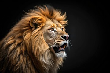 Fototapeta premium Majestic Lion Roaring in Power - Stunning Black Background Image for Wildlife Enthusiasts and Nature Lovers