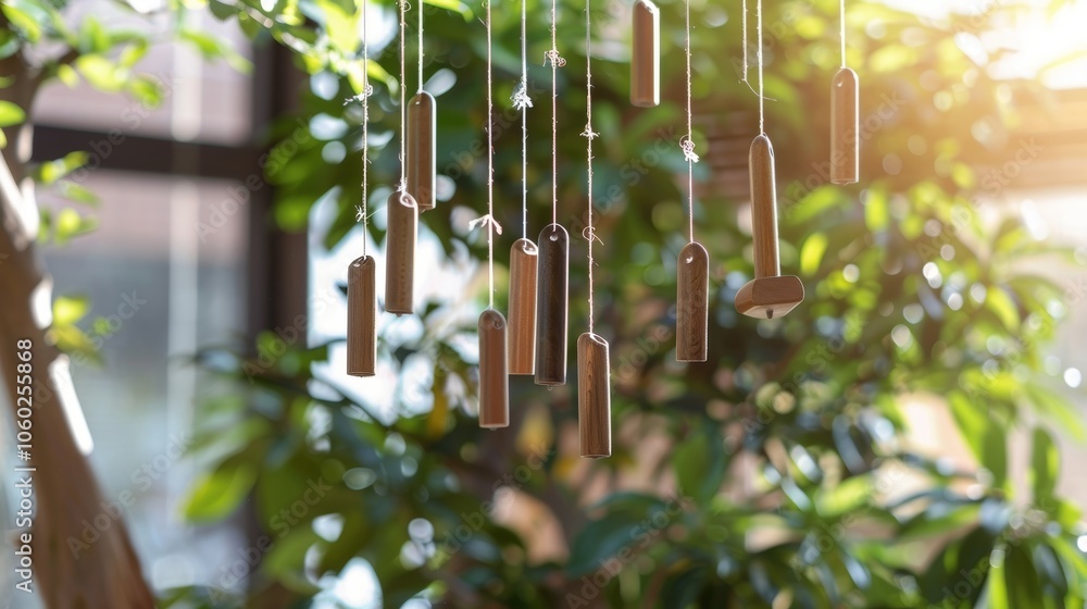 Poster a set of wind chimes hanging from the ceiling gently chiming and creating a soothing soundtrack to t