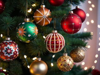 Fototapeta premium Elegant Christmas Tree with Assorted Red, Green, and Gold Baubles and Beaded Ornaments