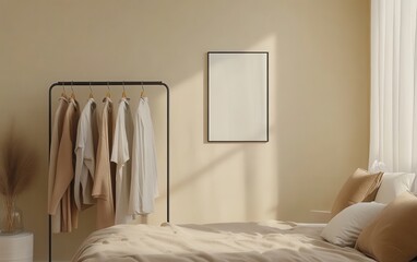 A serene aesthetic bedroom features light beige walls adorned with a stylish rack. The rack holds various clothing items
