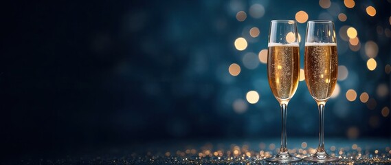Festive banner. Two glasses of champagne on dark blue background with Christmas tree with lights bokeh, glitter and sparks, confetti. Christmas celebration concept with copy space for text