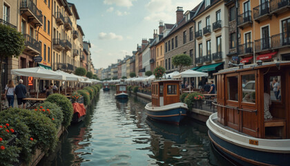 Fototapeta premium Charming canal scene with wooden boats, vibrant street cafes, and historic architecture, serene atmosphere