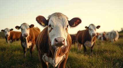 Close-up of a group of brown and white cows standing in a grassy pasture during sunset, with ear tags visible and the horizon in the background