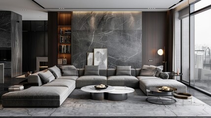Sleek modern living room with grey sofa and marble table