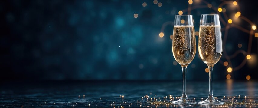 Festive banner. Two glasses of champagne on dark blue background with Christmas tree with lights bokeh, glitter and sparks, confetti. Christmas celebration concept with copy space for text