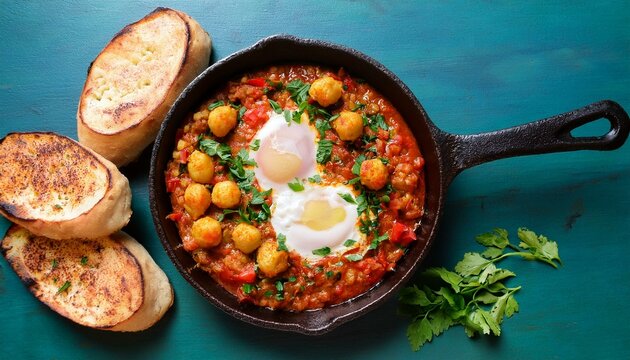 Shakshuka  A spicy dish of poached eggs cooked in a tomato sauce with peppers, onions and spices such as cumin and paprika
