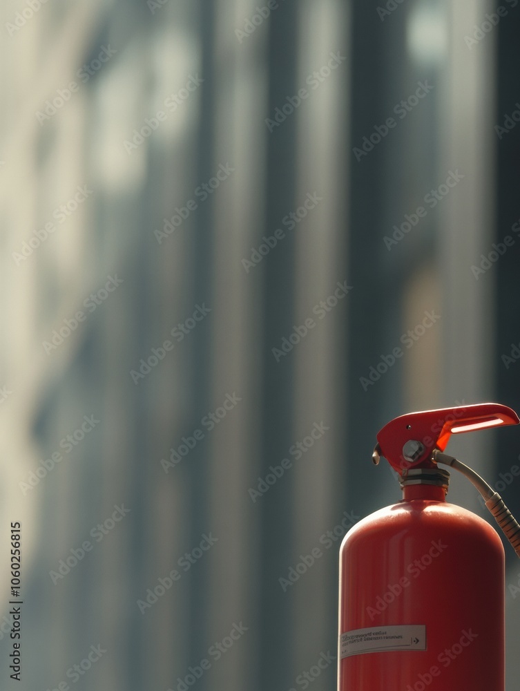 Poster a bright fire extinguisher is prominently placed in the foreground while a modern building looms sof