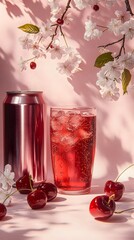 Product photography of cherry soda in a glass, next to a can with a pink background, cherry blossoms and cherries on the table