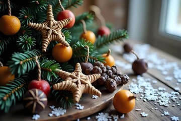 Rustic Hungarian Christmas tree with dried fruit, wrapped chocolate candies (szaloncukor), and handwoven straw stars in cozy winter setting, with copy space on the right