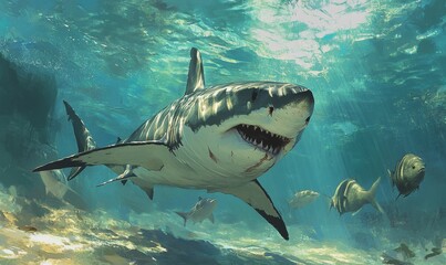 Naklejka premium A great white shark swims among smaller fish.