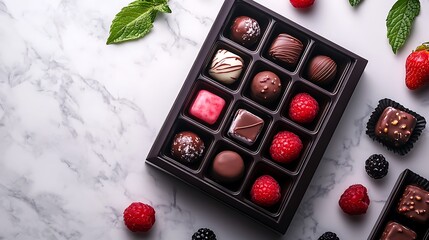 A box of assorted chocolates surrounded by fresh raspberries and blackberries on a marble surface.