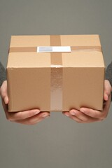 Hands holding a cardboard package with a shipping label, against a clean background with space for text