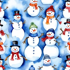 Fototapeta premium Watercolor Seamless Pattern of Snowmen with Winter Accents - Seamless tile