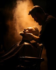 A man gets a close shave at a barber shop.