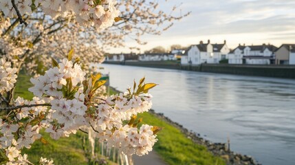 A close-up of cherry blossom flowers in full bloom, framing a view of a river and houses in the distance.
